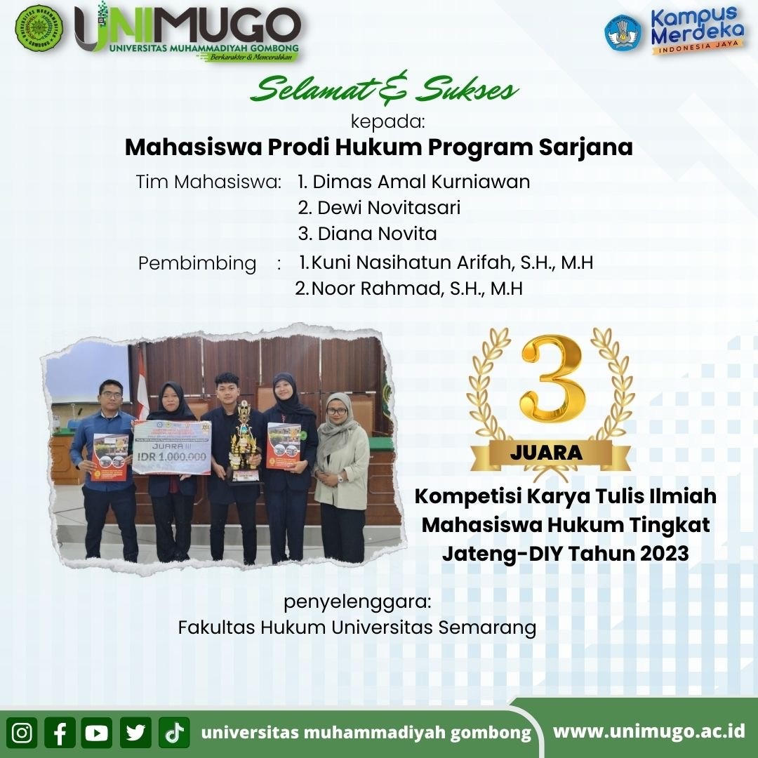 Mahasiswa Program Studi Hukum Universitas Muhammadiyah Gombong Juara Lomba Karya Tulis IlmiahTingkat Jateng – DIY